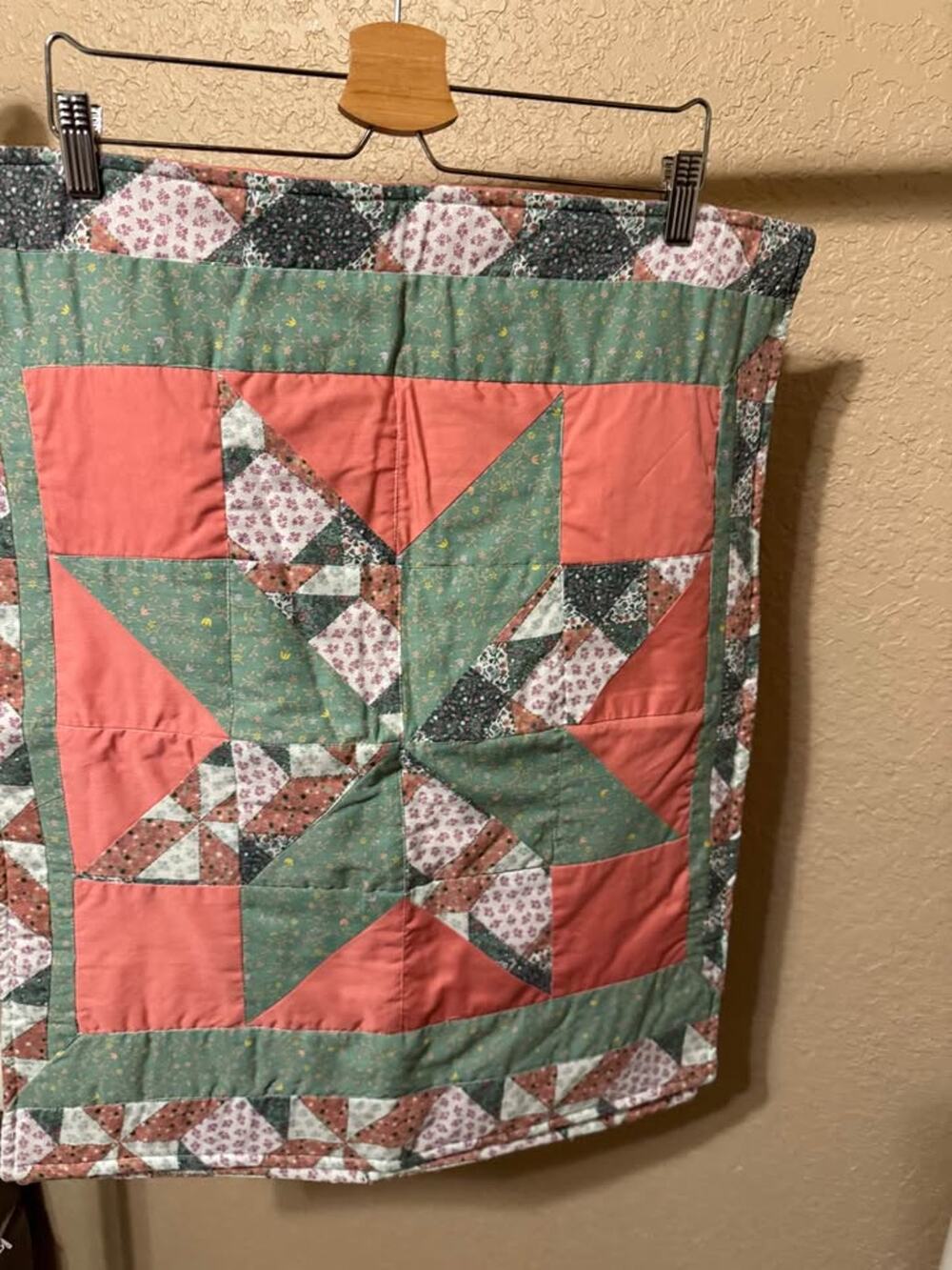 NEW Vintage Handmade Lone Star Quilted Pillow Sham Coral Pink Sage Floral